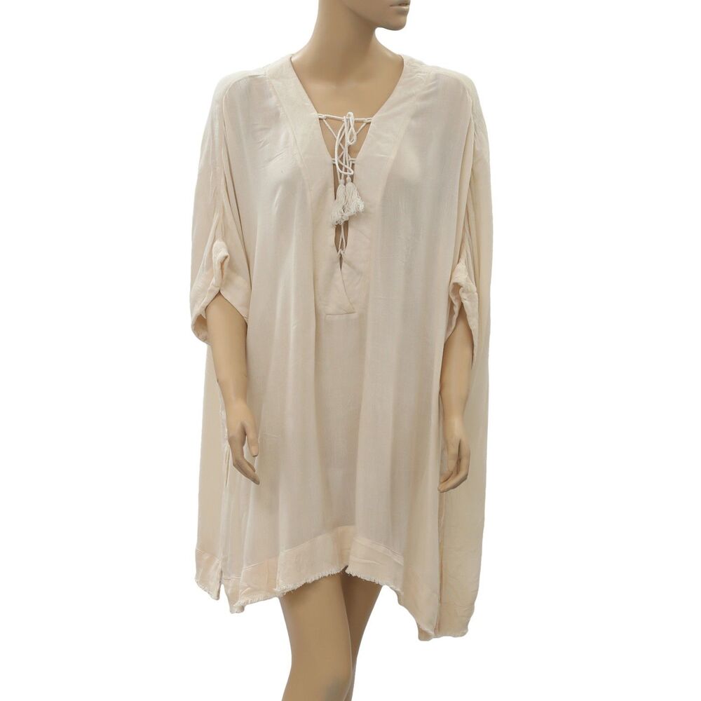 Free People Lace Up Kaftan Mini Tunic Dress Cover Up Kimono Oversized XS 282929